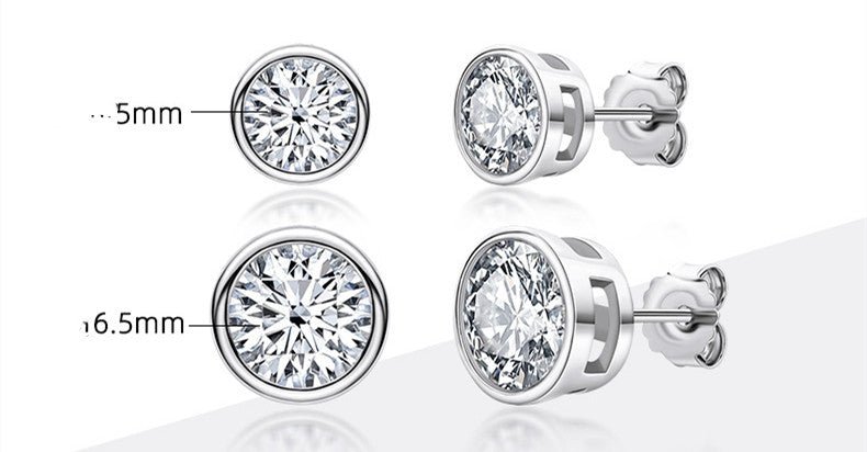 Moissanite stud earrings in sterling silver setting, 5mm and 6.5mm sizes shown.