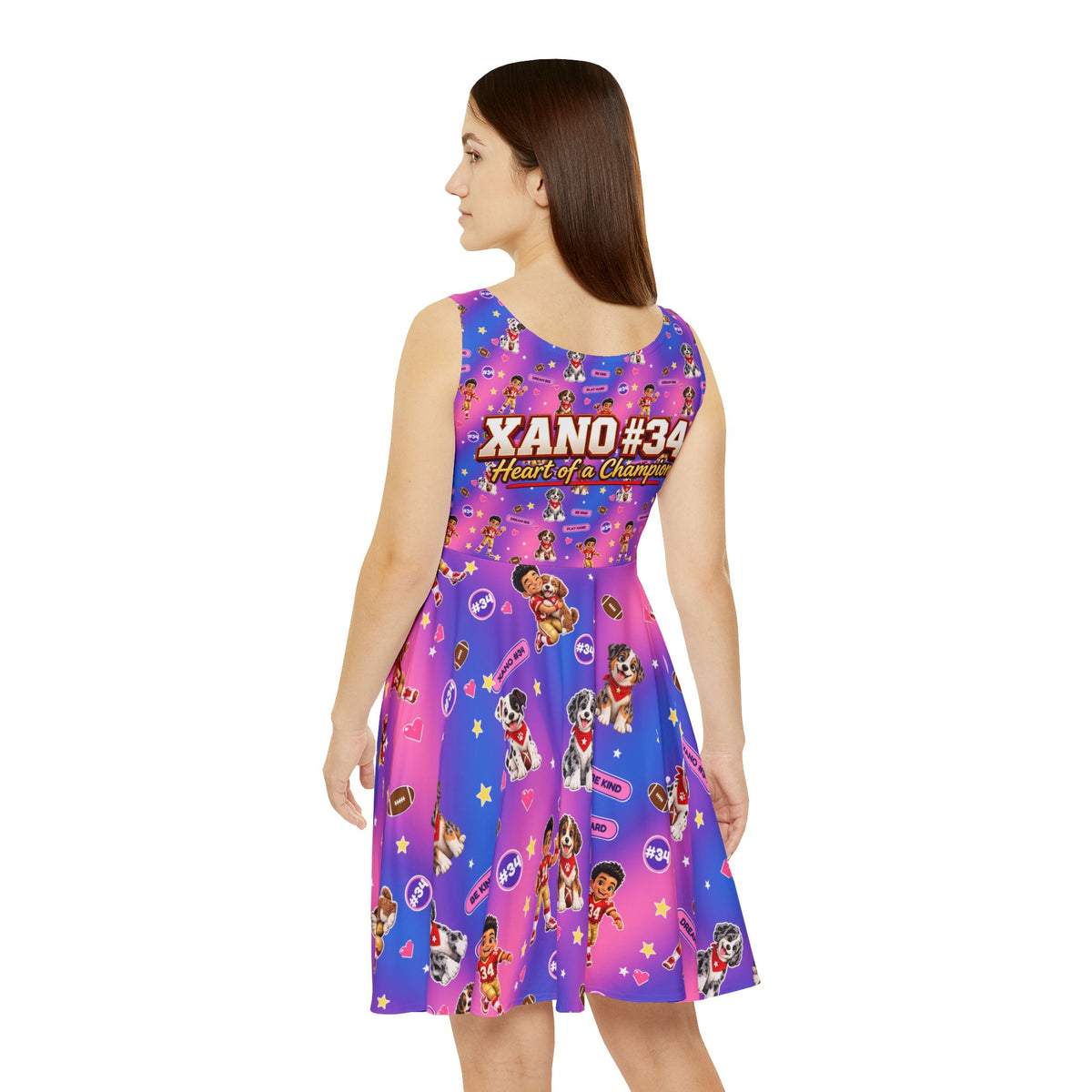 XANO #34 "Heart of a Champion" Women's Skater Dress — Vibrant Gamer/Cartoon Print