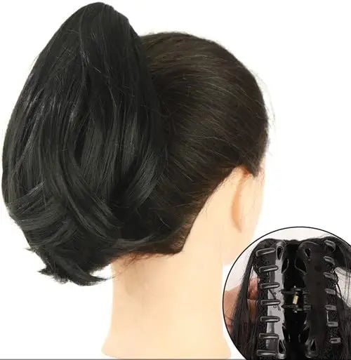 Black 12-inch claw clip ponytail hair extension.