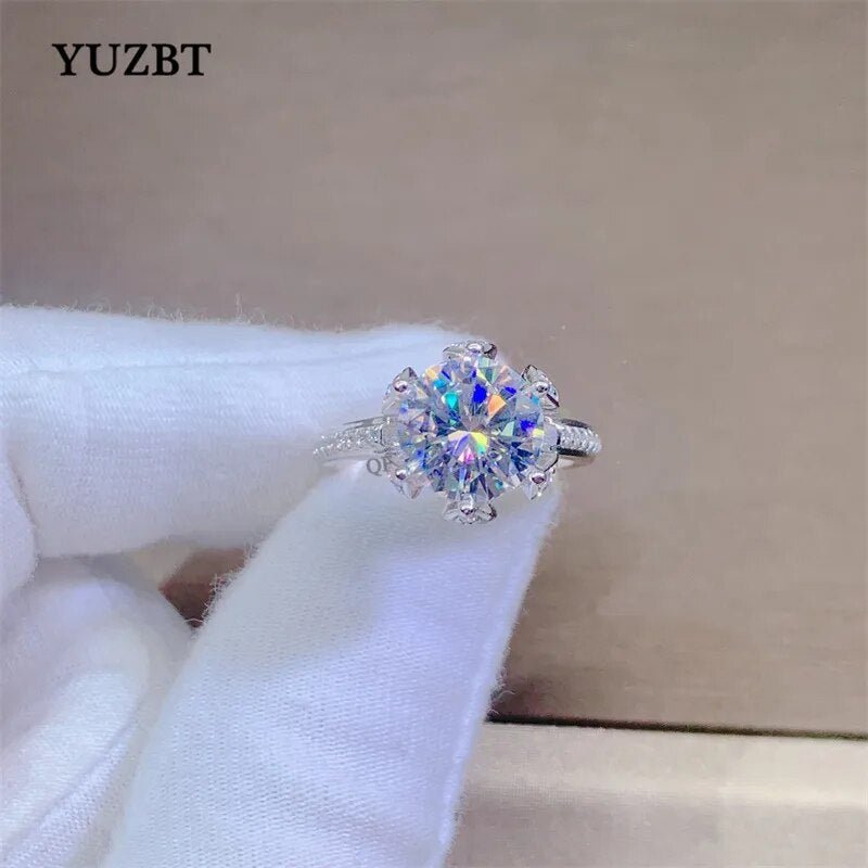 White gold plated moissanite ring, 3 carat, 9mm, blossom bud design.