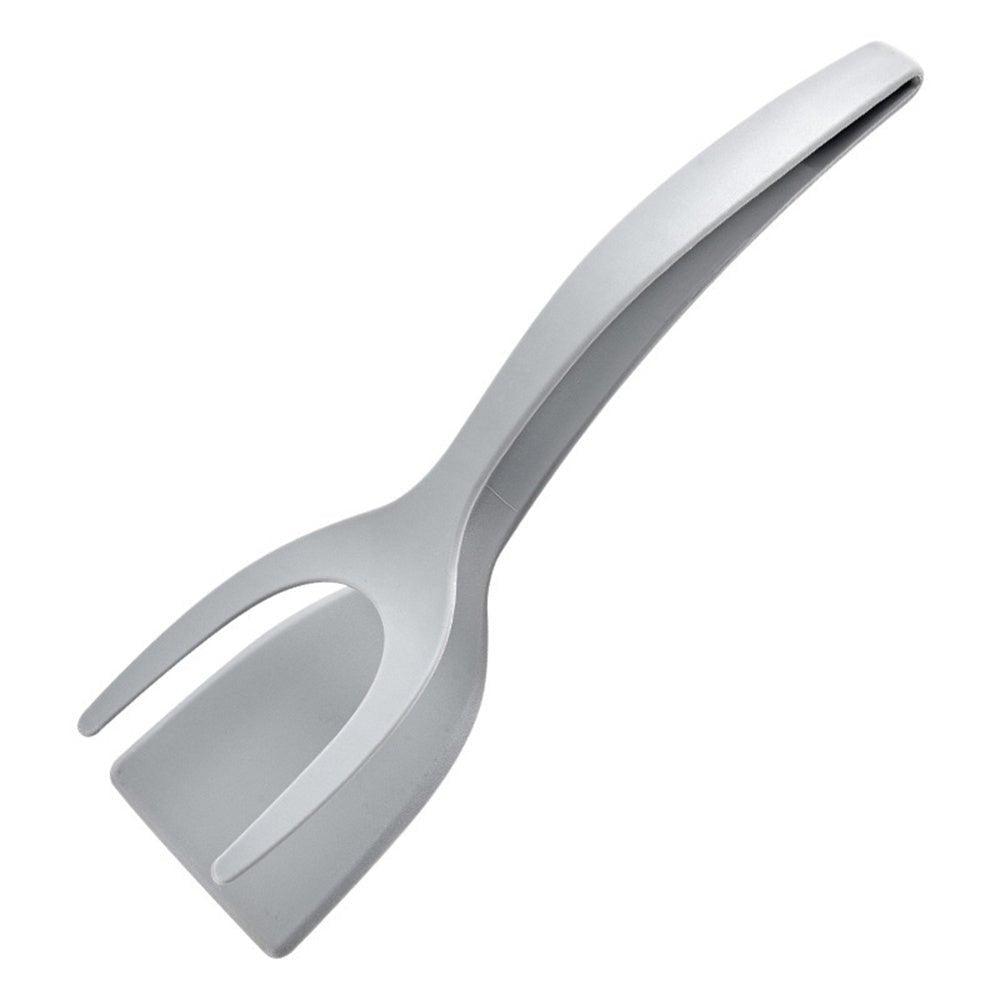 Gray 2-in-1 spatula tongs for flipping eggs, pancakes, and omelets. Kitchen accessory.