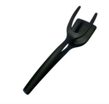 Black 2-in-1 spatula tongs for flipping eggs, pancakes, and more.