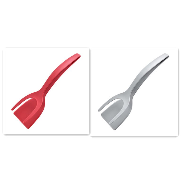 Red and gray 2-in-1 spatula tongs for flipping eggs and pancakes.