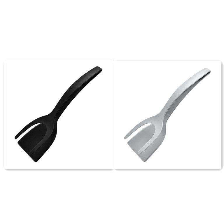 Black and gray 2-in-1 spatula tongs for flipping eggs and pancakes.