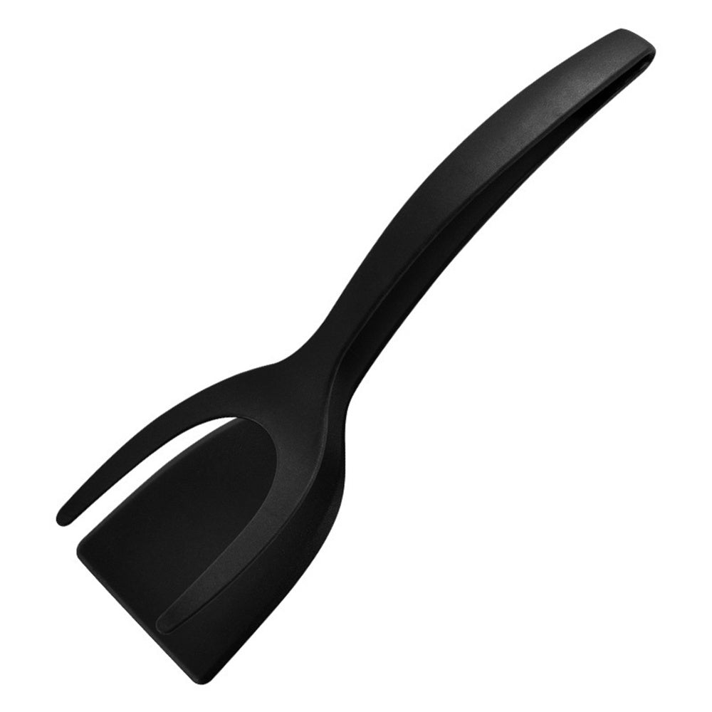 Black 2-in-1 spatula tongs for flipping and gripping food, kitchen accessory.