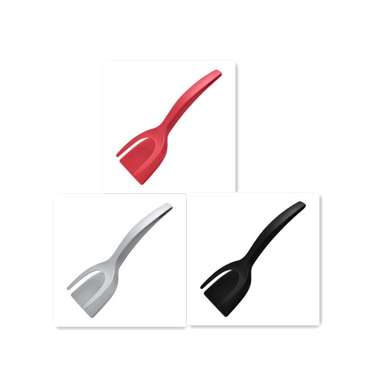 2-in-1 spatula tongs for flipping eggs and pancakes, available in red, silver, and black.