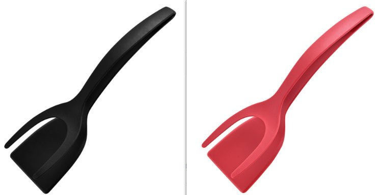 Black and red 2-in-1 spatula tongs for gripping and flipping eggs, pancakes, and omelets. Kitchen accessory.