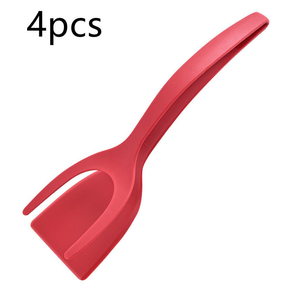 Red 2-in-1 spatula tongs for flipping eggs and pancakes, kitchen utensil.