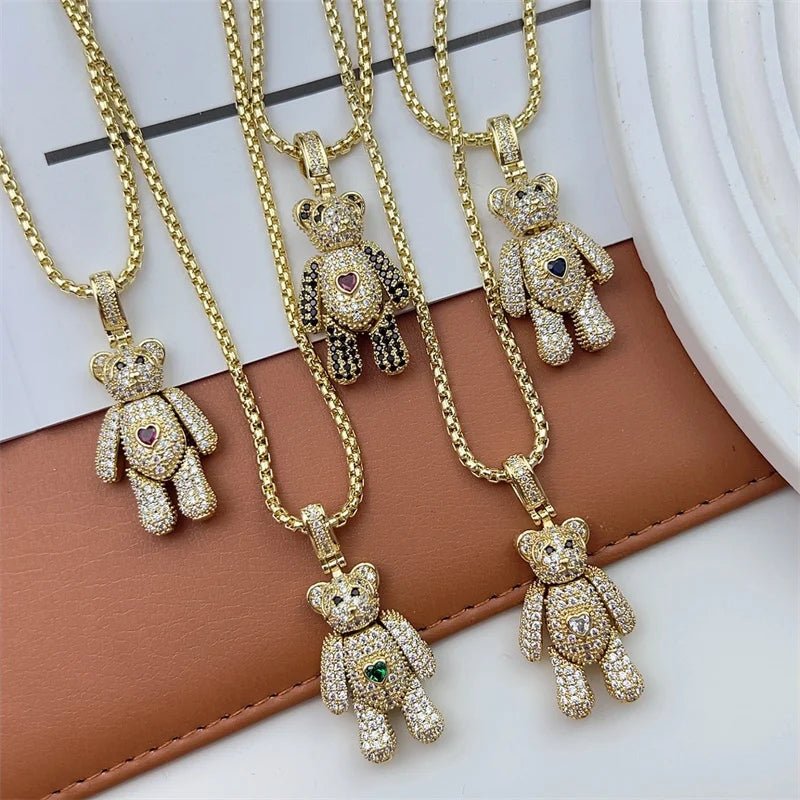 Crystal Teddy Bear Pendants on Gold Chain. Cute heart detail, various colors. Chunky, stylish fashion jewelry.