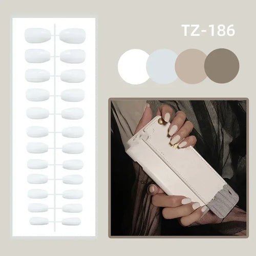 24 pc neutral tone press-on nails, short oval shape.