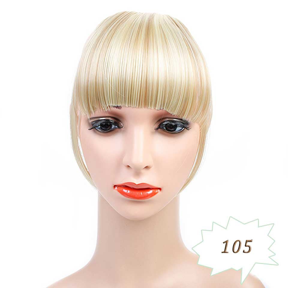 Blonde clip-in bangs hair extension, face framing fringe.