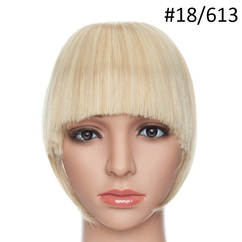 Blonde #18/613 clip-in fringe hair extension on a mannequin. Quick hair style change.