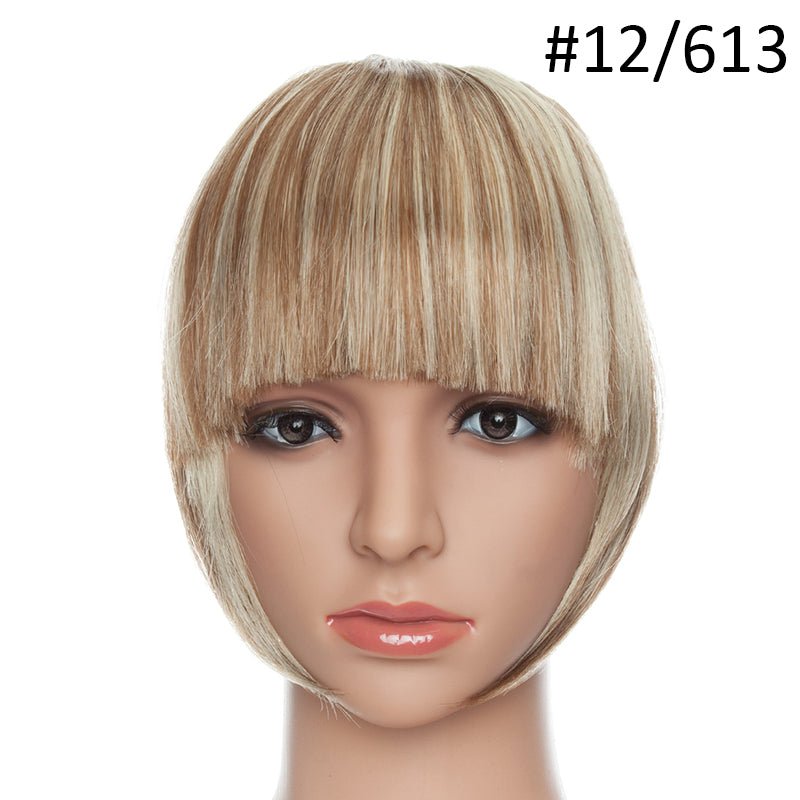 Clip-in bangs hair extension #12/613, blonde with highlights, for adding fringe without cutting.