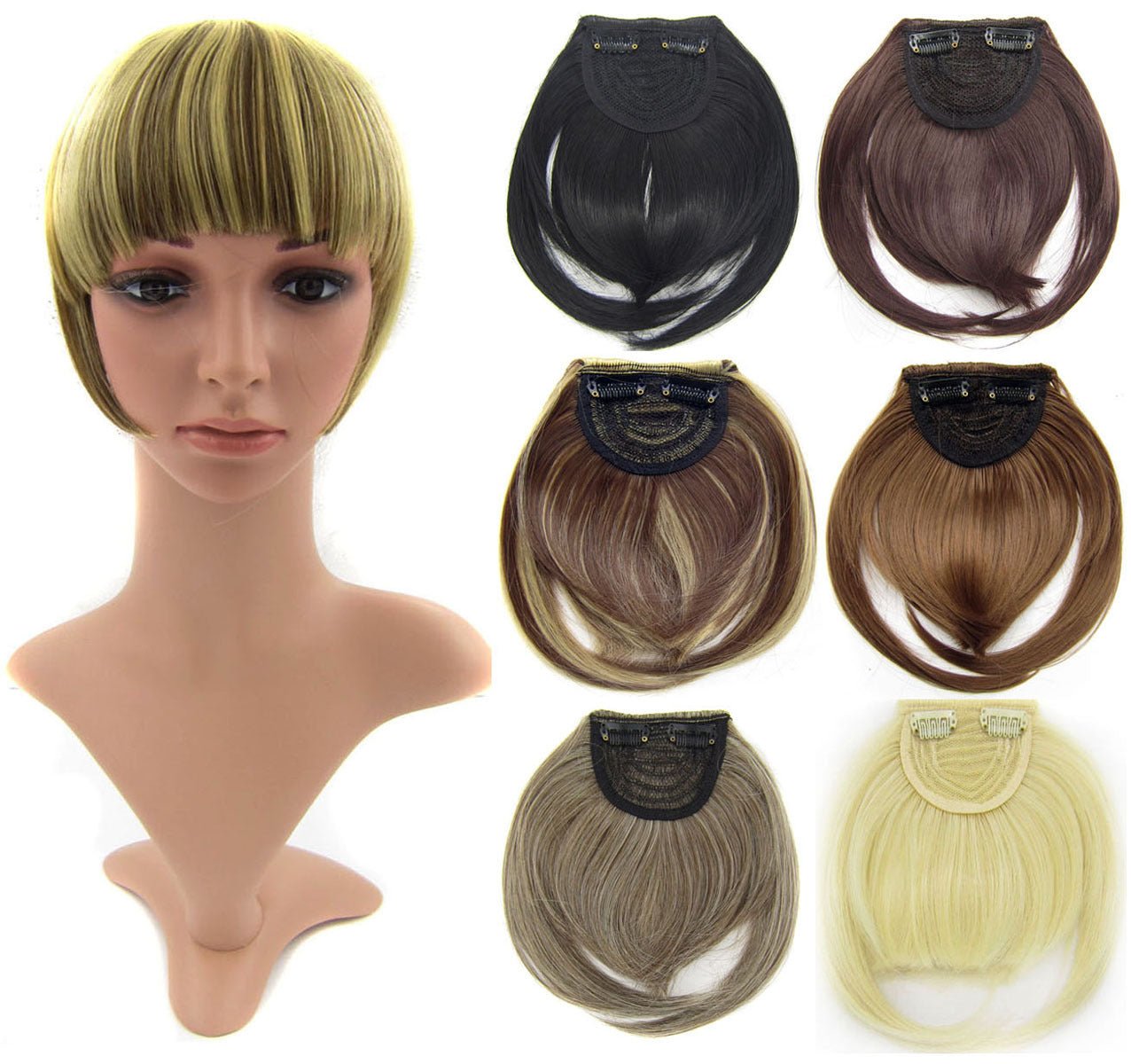 Clip-in bangs hair extensions in various colors: blonde, brown, and black.