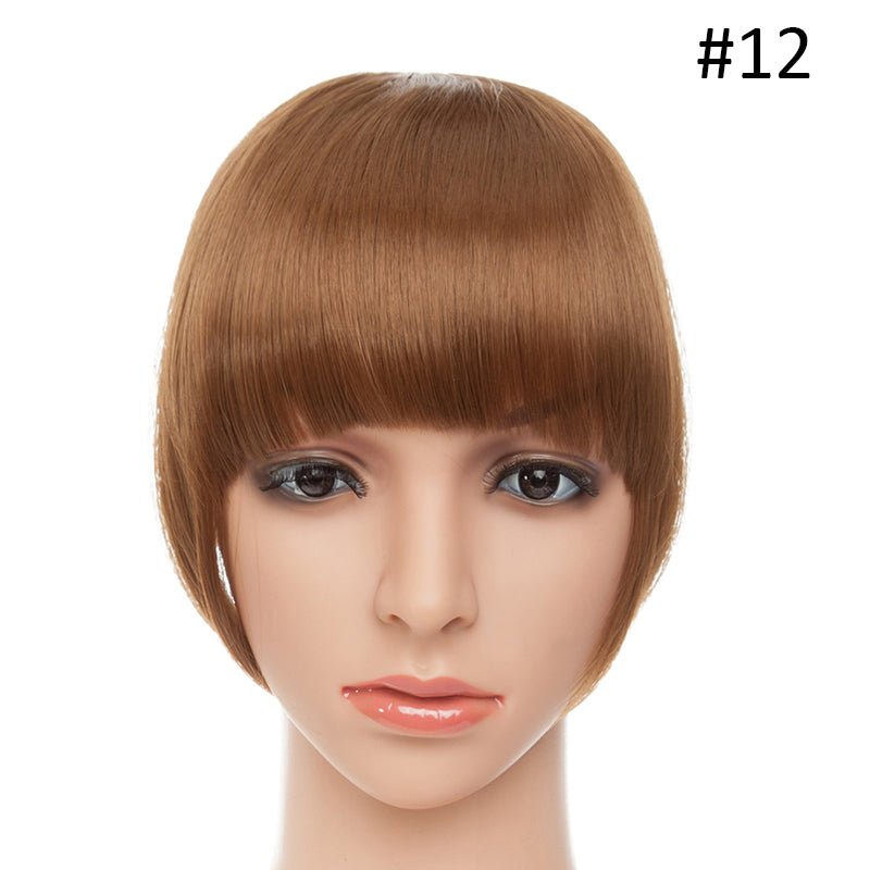 Light brown clip-in bangs hair extension #12 on a mannequin head.