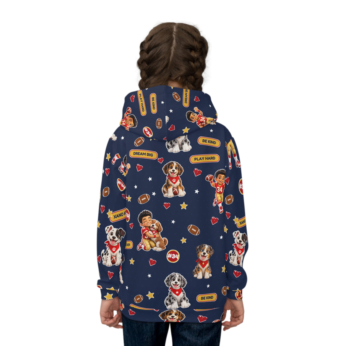 Kids Football Puppy Hoodie - Personalized Number #34 Pattern