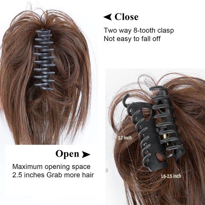 Messy curly hair bun with claw clip. Synthetic chignon hair extension with 8-tooth clasp. Easy to attach.