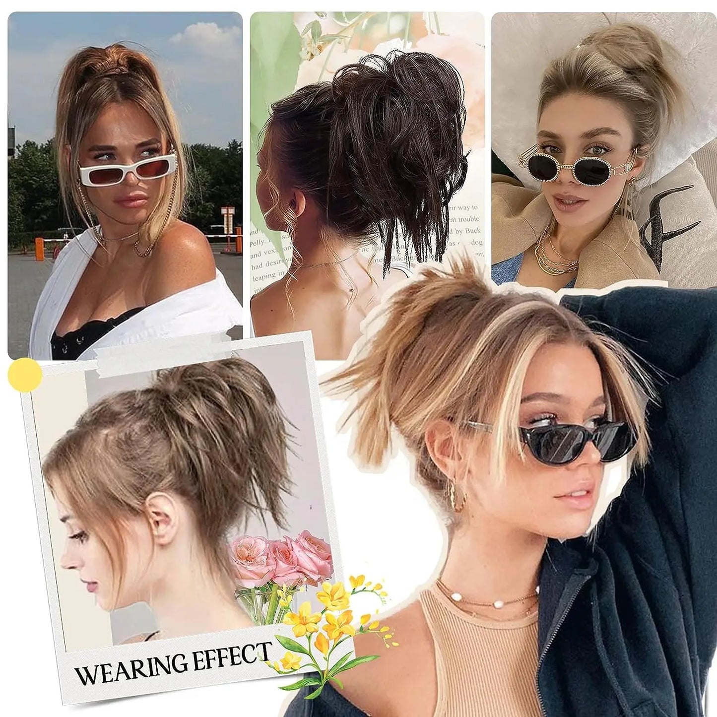 Messy curly hair bun scrunchies in various hairstyles. Synthetic hair extension for updo styles.