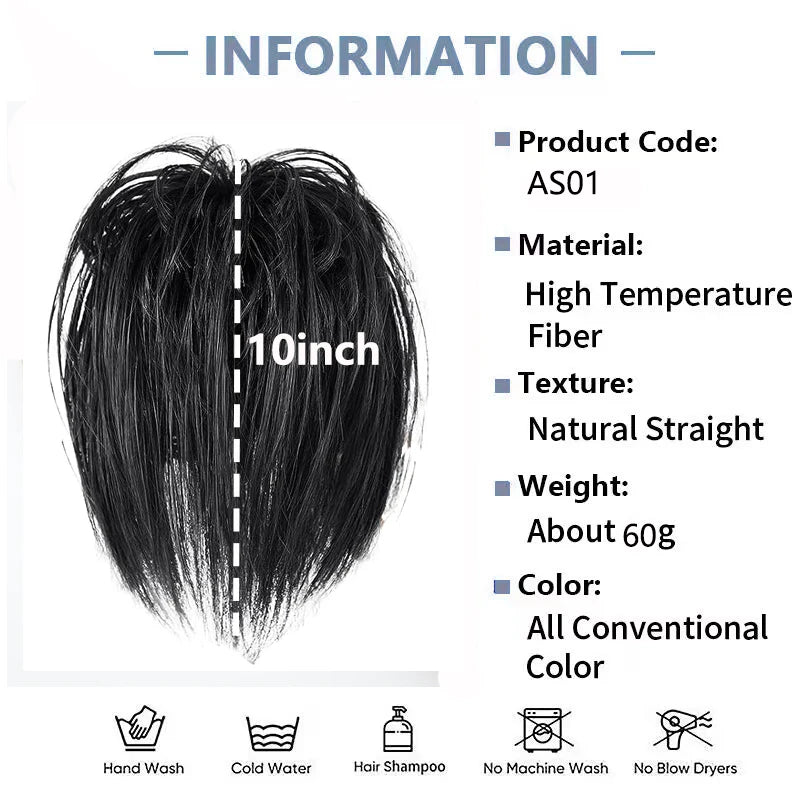 10-inch black straight synthetic hair bun extension with product details, featuring hand wash and cold water care instructions.