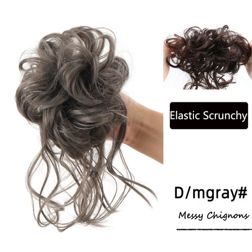 Gray messy curly hair bun extension scrunchie.