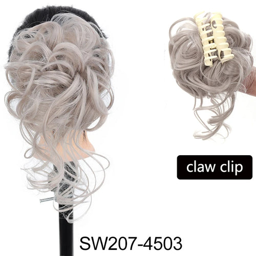 Light grey messy curly hair bun extension with claw clip.