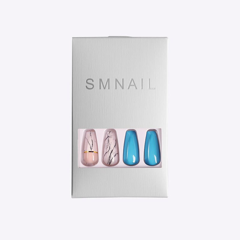 SMNAIL ballet coffin press-on nails in box; featuring pink, marble, and teal blue designs.