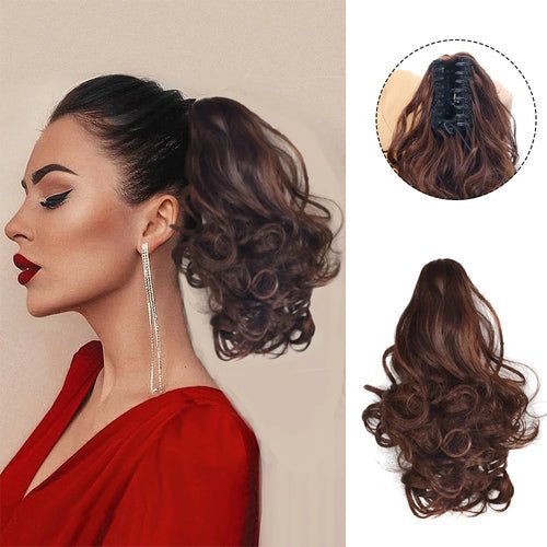 12-inch curly brown ponytail extension with claw clip attachment.