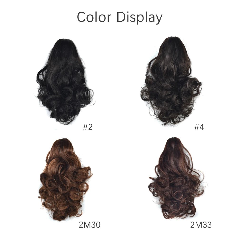 Claw clip curly ponytail extension color options: #2, #4, 2M30, and 2M33.