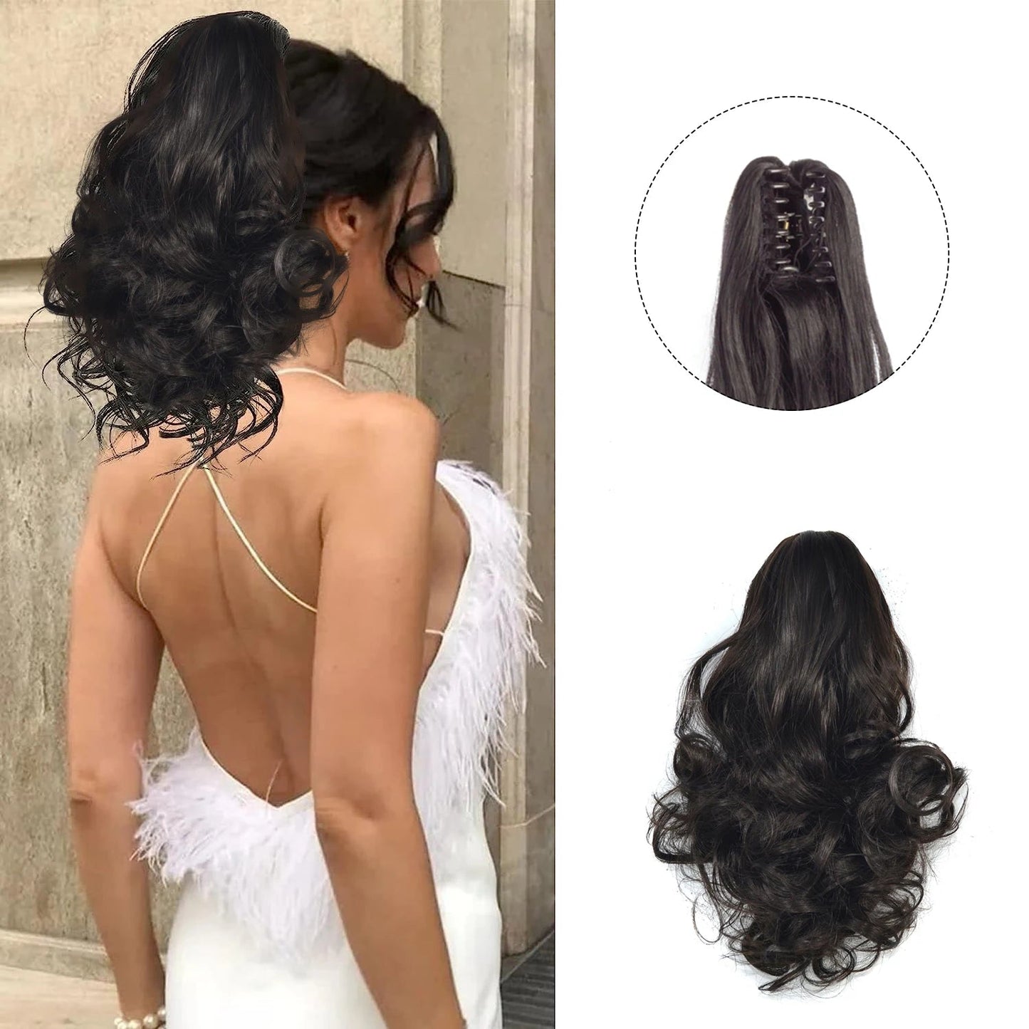 12 inch curly claw clip ponytail extension in dark brown. Easy to attach hairpiece.