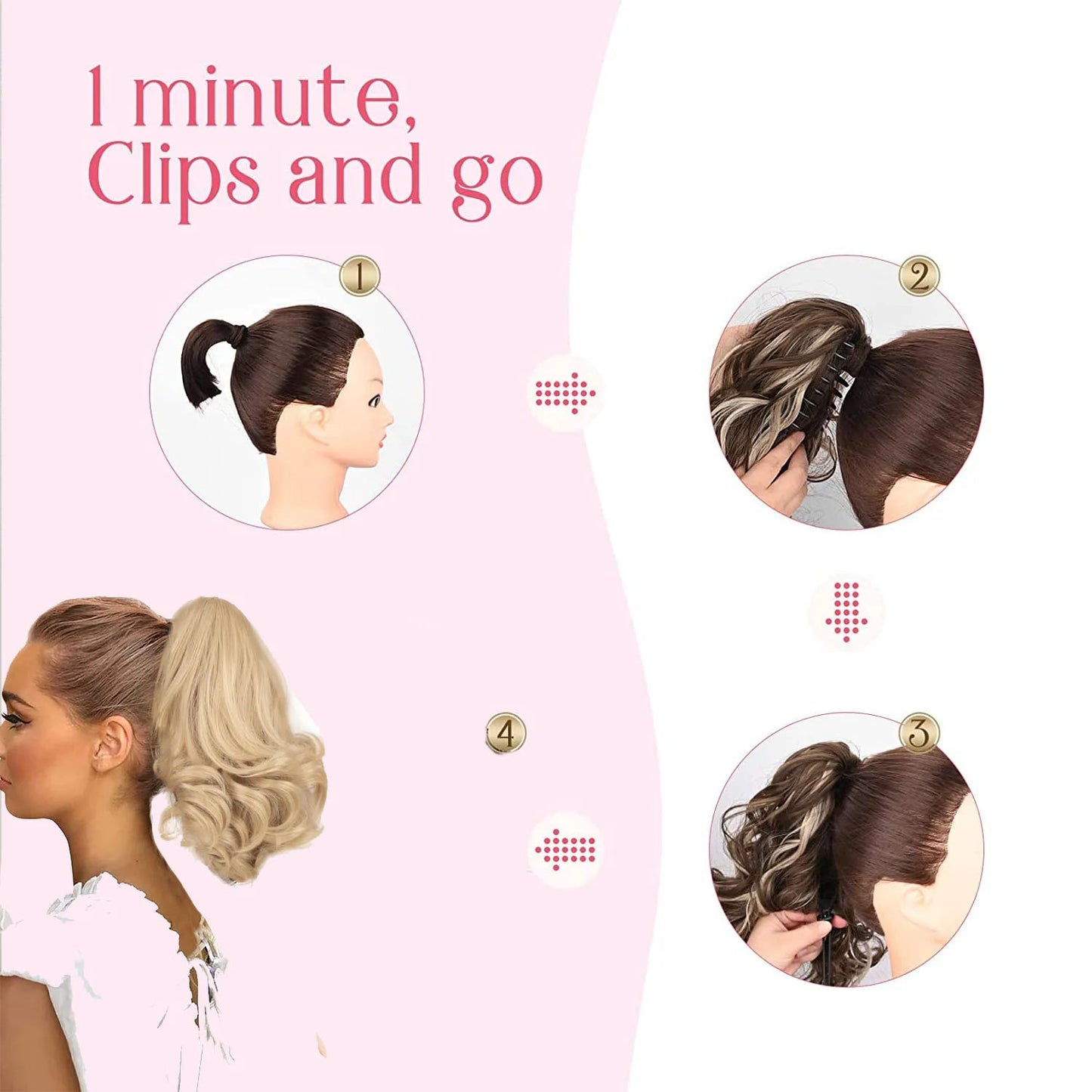 Tutorial showing how to attach a short, curly, blonde claw clip ponytail extension to a person's hair.