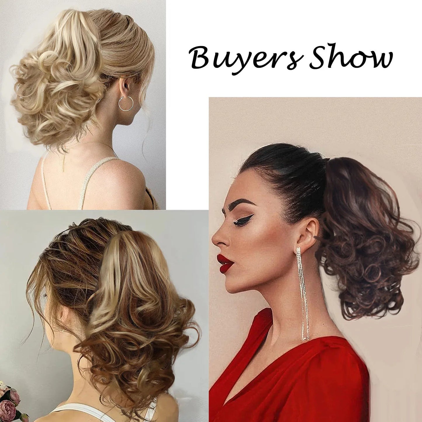 Collage of women wearing 12-inch short, curly ponytail claw clip hair extensions in blonde and brunette shades.