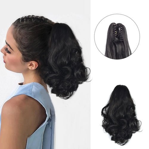 Black curly ponytail hair extension with claw clip attachment, 12 inch length.