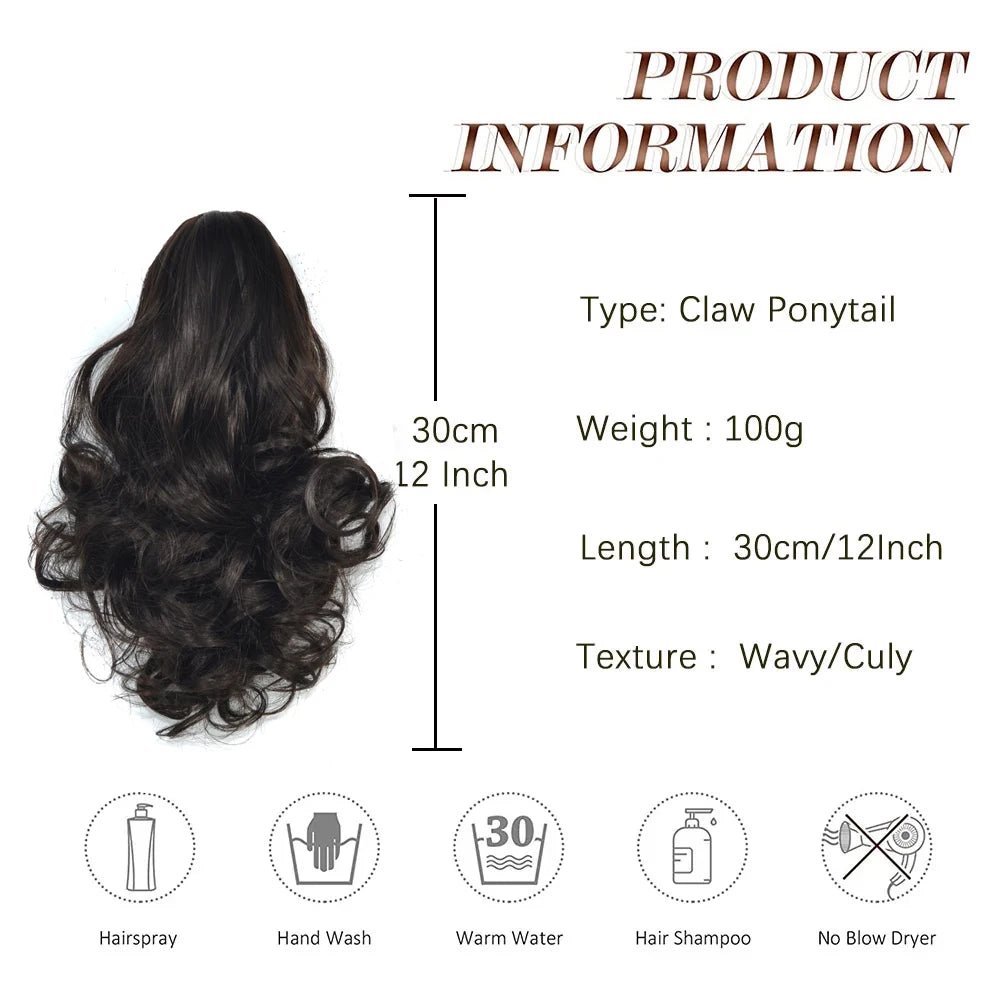 Claw clip ponytail hair extension, 12 inch, wavy/curly texture. See product information for weight, length, and care instructions.