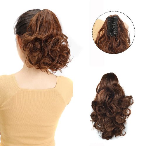 Brown curly claw clip ponytail hair extension, 12 inch short style.