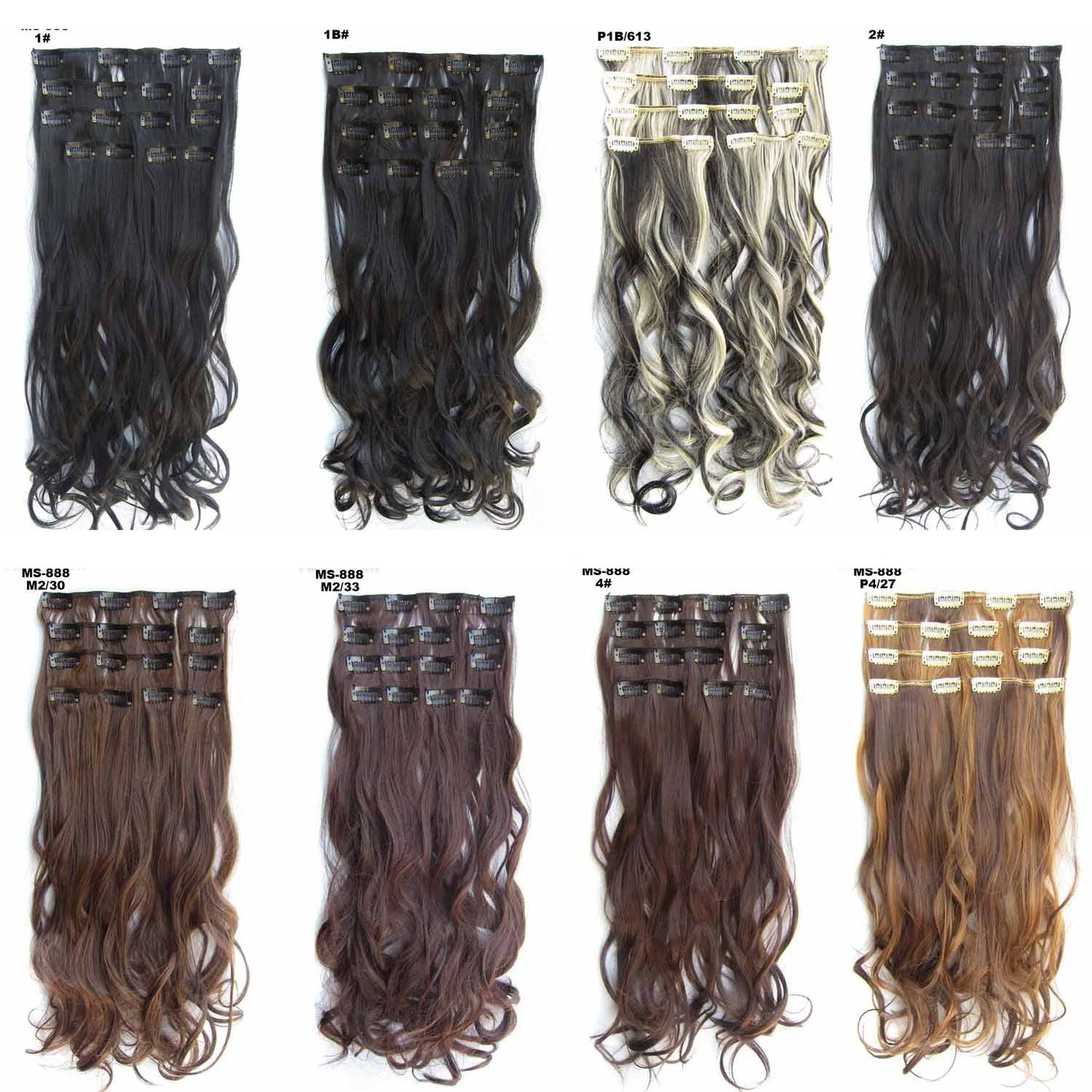 Clip-in hair extension set featuring various shades and wavy textures, with clip details visible.