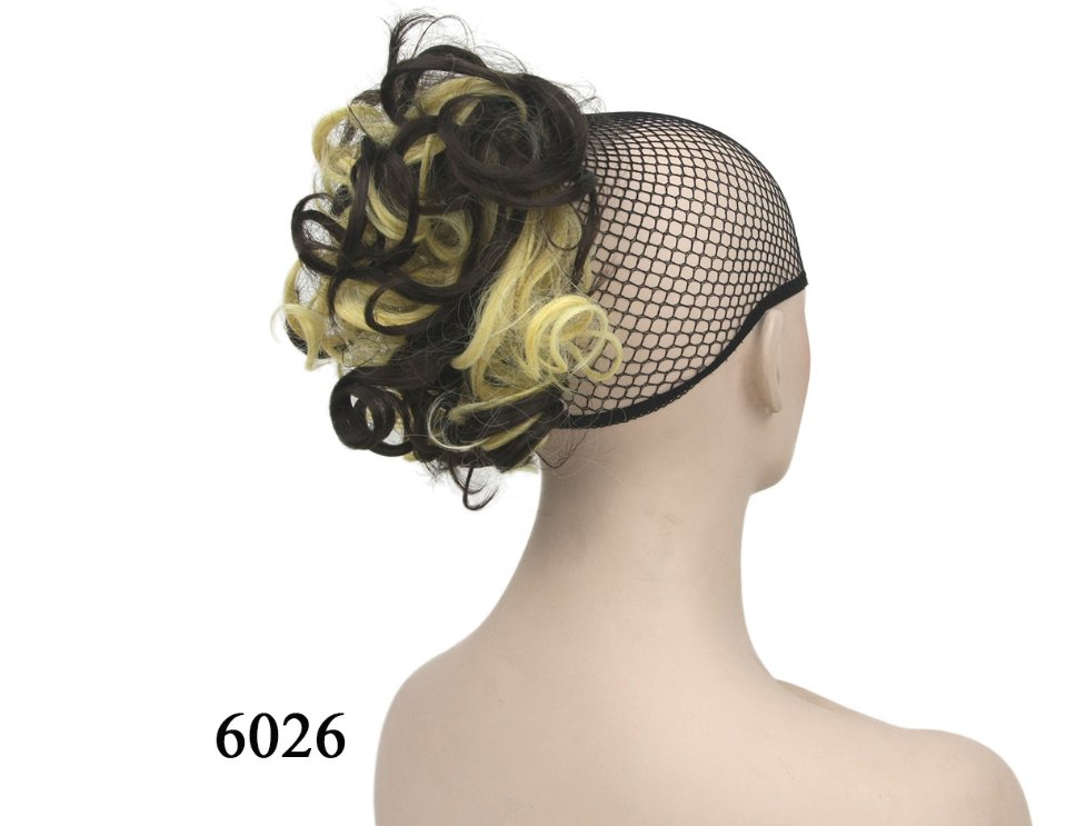 Curly ponytail hair extension, black and blonde, attached to a net cap.