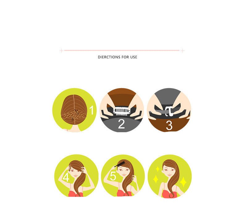 Hair wig application instruction diagram in 6 steps. Guide on how to install the long hair wig.