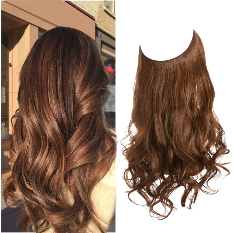 Long wavy auburn halo hair extension shown worn and detached. Invisible wire hairpiece.