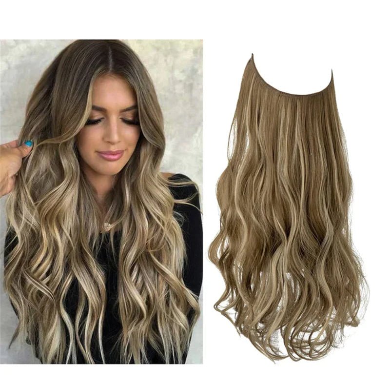 Blonde and brown curly halo hair extension, invisible wire, high-temperature fiber.