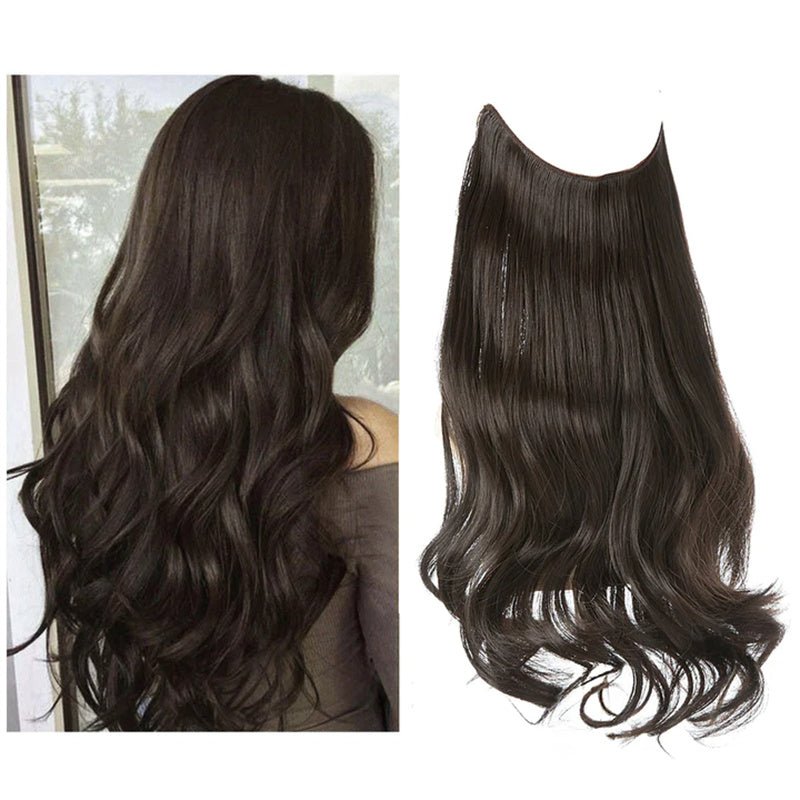 Dark brown halo hair extension; long, wavy, invisible wire synthetic hairpiece shown on model and as a product shot.