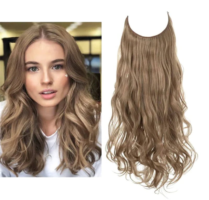 Halo hair extension, long curly synthetic hairpiece. Light brown shade shown.