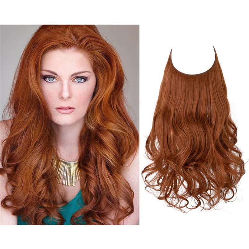 Auburn halo hair extension; long, curly, invisible wire hairpiece shown on model and product shot.