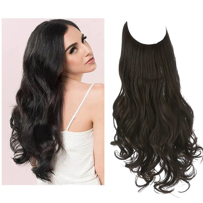 Long dark brown curly halo hair extension. Invisible wire synthetic wig shown on model and as a product shot.