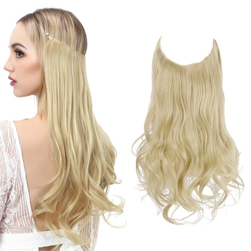 Blonde halo hair extension, long and curly. Invisible wire wig shown on a woman and alone.