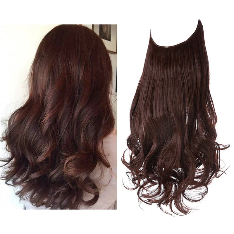 Dark brown curly halo hair extension shown worn and detached. Invisible wire, high-temperature fiber.