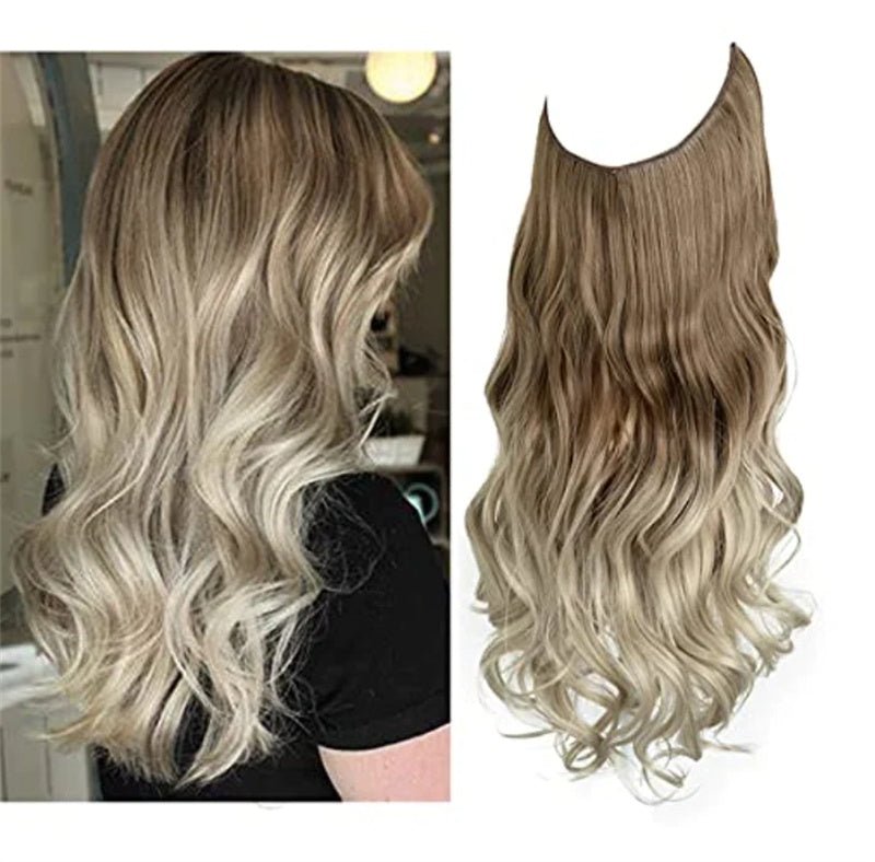 Blonde halo hair extension with wavy texture. Invisible wire hairpiece for added length and volume.