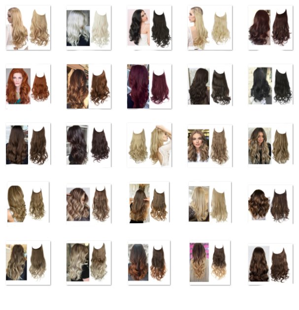 Selection of long, curly halo hair extensions in various colors.