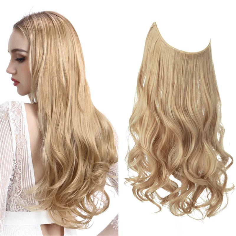 Blonde halo hair extension, long and curly synthetic hairpiece.