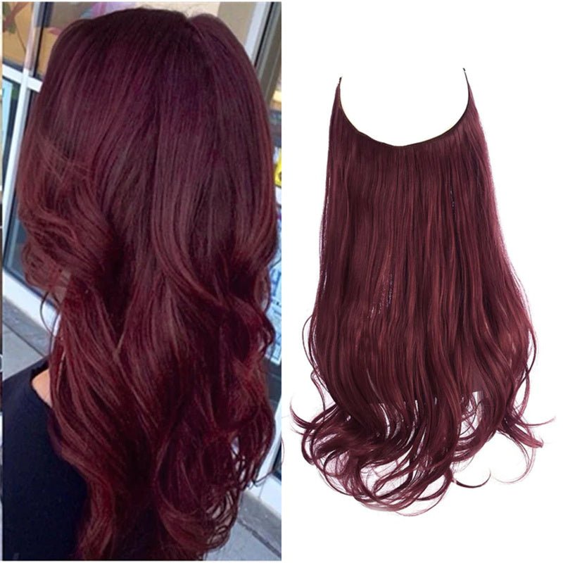 Burgundy halo hair extension; long, curly, invisible wire wig set.