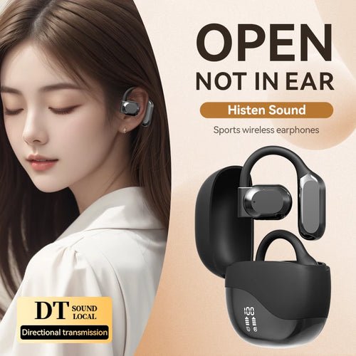 Black open-ear wireless Bluetooth earphones for sports, with charging case and digital battery display.
